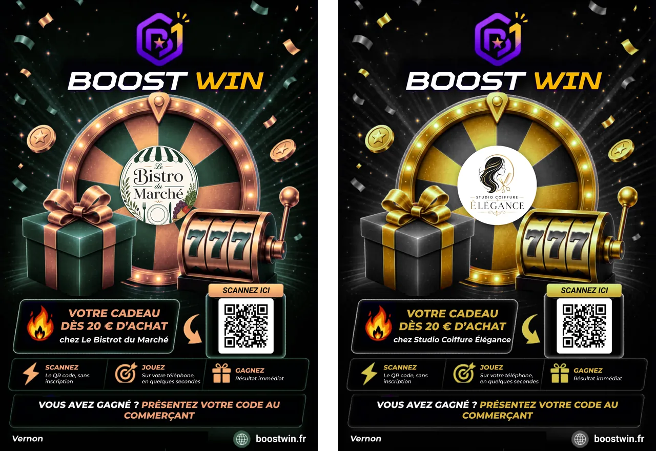 Deux affiches du Kit recolorées : vert et terracotta pour le Bistrot du Marché, noir et or pour le Studio Coiffure Élégance, chacune avec son logo et son QR code