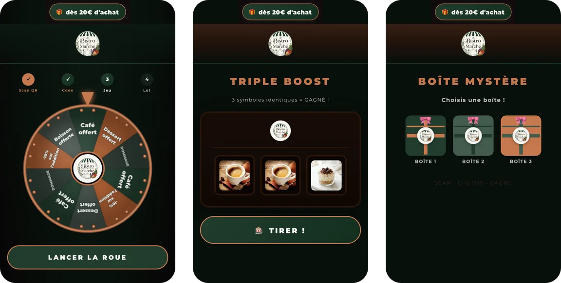 Roue, Triple Boost et Boîte mystère aux couleurs du Bistrot du Marché, avec son logo au centre de la roue, sur le bandeau du Triple Boost et sur chaque boîte
