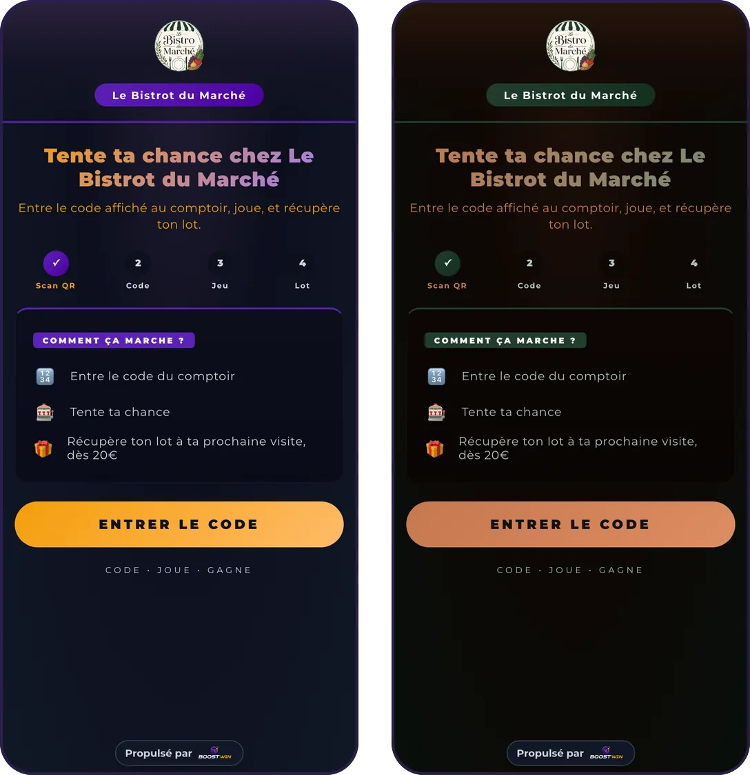 Écran d’accueil du jeu du Bistrot du Marché, d’abord aux couleurs BoostWin, puis aux couleurs vert et terracotta proposées à partir de son logo